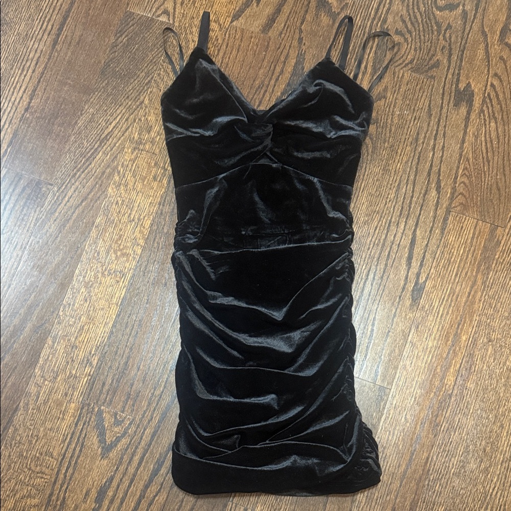 Katie J Black Velvet Spaghetti Strap Ruched Mini Dress - worn once!